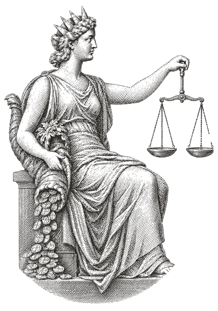 Copperplate engraving of Aequitas, the Roman goddess of fair dealing, seated in a radiate crown, holding a balance level in one hand while coins pour from the cornucopia at her side.