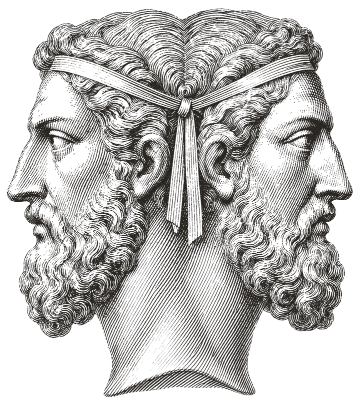 Copperplate engraving of the two-faced god Janus: two bearded heads joined at the back, one looking left and one looking right, bound with a tied fillet.