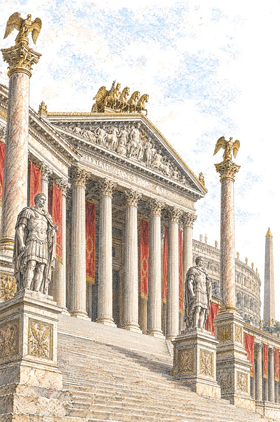 Hand-coloured etching of imperial Rome: a marble staircase rises to the Capitol's temple of Jupiter, a gilded four-horse chariot on its pediment, between columns crowned with gilded eagles, statues of emperors in armour and red banners with gold laurel wreaths, with the Colosseum and an obelisk beyond.