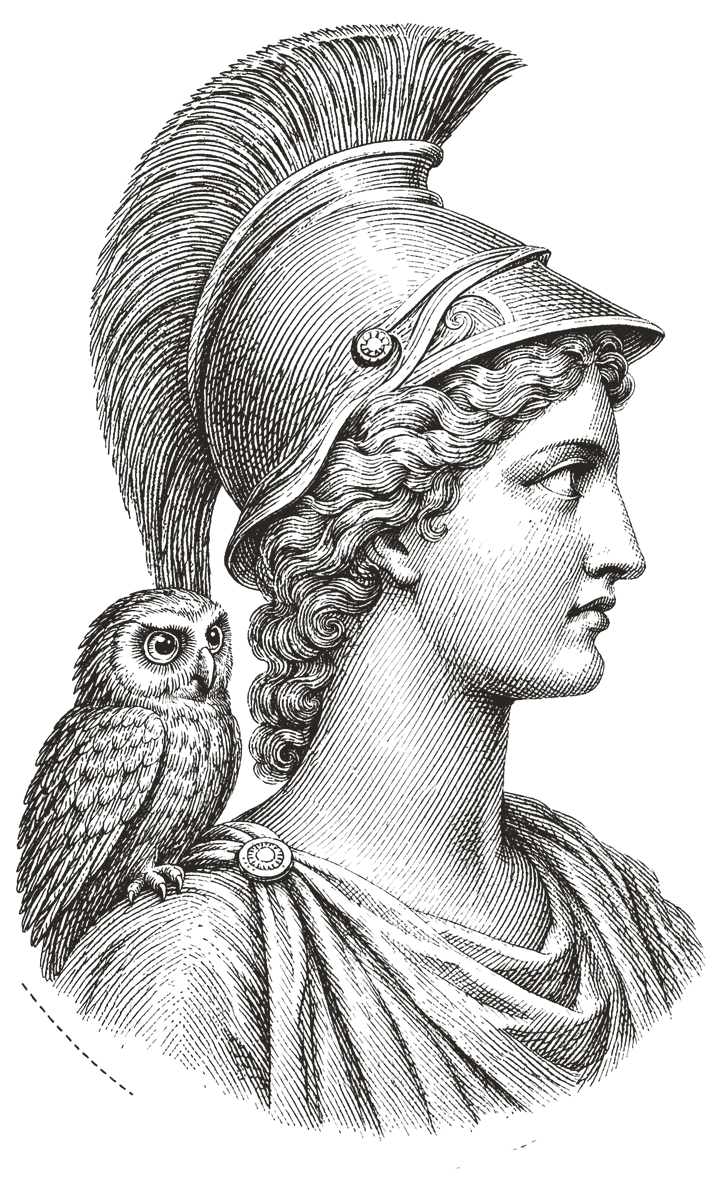 Copperplate engraving of Minerva in profile facing right, wearing a crested helmet, with a small owl perched on her shoulder.