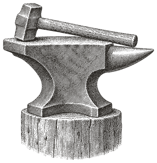 Engraving of Vulcan's hammer resting on an anvil.