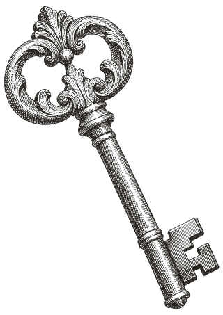 Engraving of an antique key with an ornamental bow.