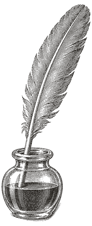 Engraving of a quill pen standing in an inkwell.