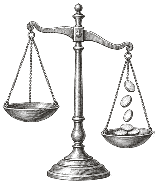 Engraving of a balance scale, with coins falling into one pan.