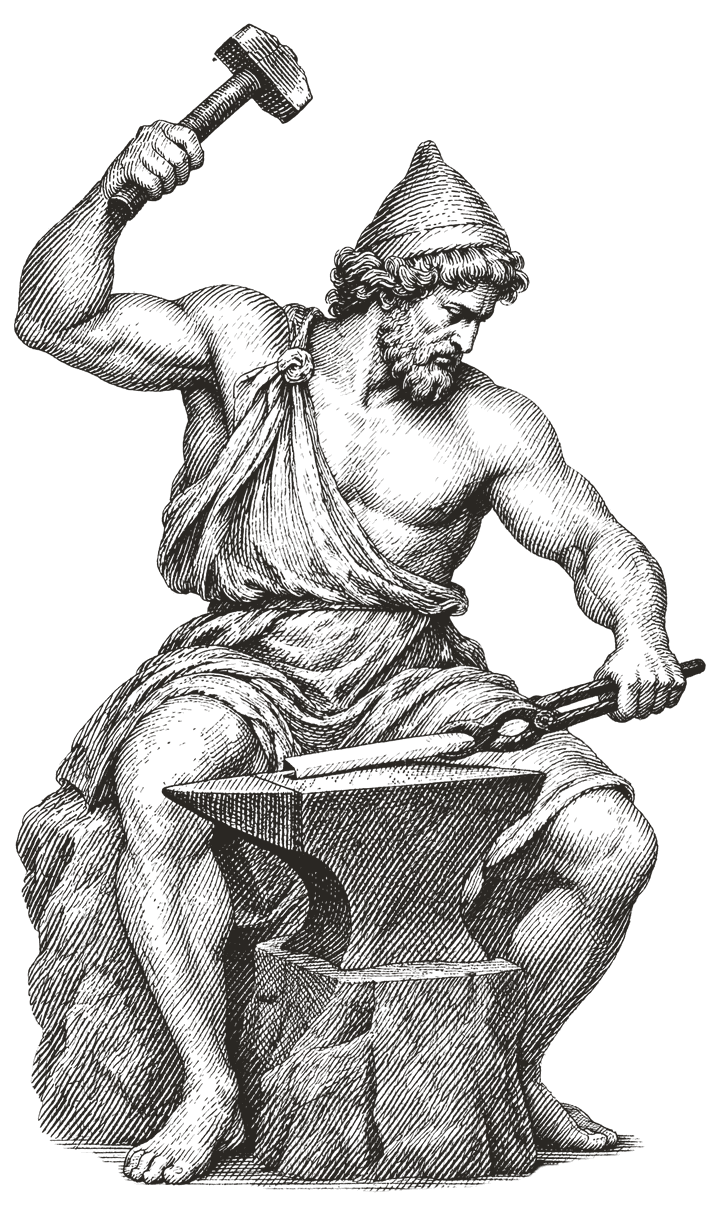 Copperplate engraving of Vulcan seated on a rock at his anvil, raising a hammer over a bar of metal held in tongs.